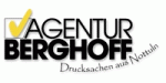 Logo der Agentur Berghoff mit gelbem Haken und Schriftzug "Drucksachen aus Nottuln".
