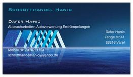 Schrottandelkarte mit Kontaktinfo, blauer Hintergrund, geometrische Linien links.