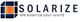 Logo mit der Aufschrift "SOLARIZE" und dem Slogan "We solarize your world", Solarzellenmotiv.