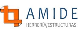 Logotipo de AMIDE con texto: "Herrería/Estructuras" y diseño geométrico naranja a la izquierda.