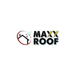 Logo with a house roof in a circle and "MAXX ROOF" text featuring yellow lightning bolts.