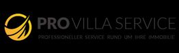 Logo de "Pro Villa Service", fondo negro, texto gris y blanco, con un diseño amarillo a la izquierda.