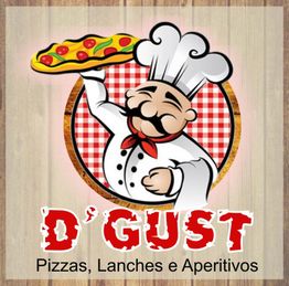 Desenho de um chef sorridente segurando pizza com o texto: "D'Gust - Pizzas, Lanches e Aperitivos".