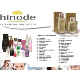 Hinode com perfumes e cosméticos variados, listas de fragrâncias femininas e masculinas.