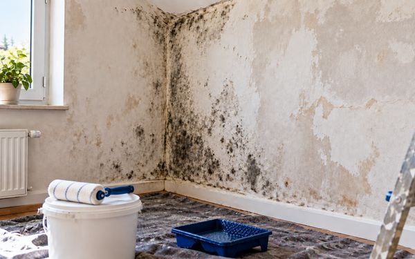 Schimmelbefall an einer ungestrichenen Innenwand mit geschlossenem Farbeimer und neuer Malerrolle im Vordergrund.