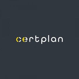 Graues Logo mit dem weißen Schriftzug "certplan"; Buchstaben "c" und "e" in Gelb.