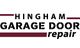 Logo reads "HINGHAM GARAGE DOOR repair" in black with maroon lines above and below "HINGHAM".