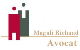 Logo minimaliste avec deux figures stylisées rouges et vertes. Texte: "Magali Richaud Avocat".