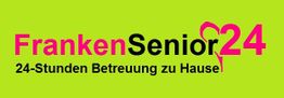 Grüner Hintergrund, Text: "FrankenSenior24, 24-Stunden Betreuung zu Hause" in Pink und Schwarz.