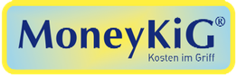 Logo mit Text "MoneyKiG - Kosten im Griff" auf blau-gelbem Hintergrund.