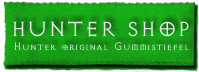 Grünes Logo mit dem Text "HUNTER SHOP" und "Hunter original Gummistiefel".