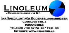 Linoleum-Bodenbelagsfirma in Berlin, Kontaktdetails und Logo in Blau und Schwarz.