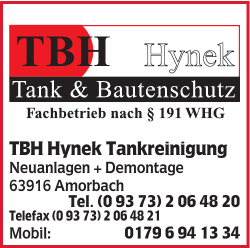 TBH Hynek Tankreinigung und Bautenschutz, Kontaktinfos und Standort in Amorbach.