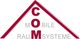 Logo in Form eines Dachs mit dem Text "COM Mobile Raumsysteme" in Rot und Grau.