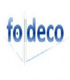 Logotipo con la palabra "fo/deco" en azul sobre fondo blanco.