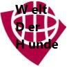 Rotes Schild mit Globus und dem Text "Welt Der Hunde" in Schwarz.