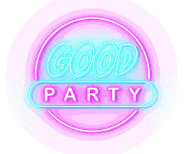 Logotipo de neón rosa y azul que dice "Good Party".