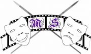 Theatermasken, Filmstreifen mit Buchstaben "M" und "S", gekreuzte Schwerter im Hintergrund.