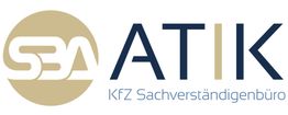 Logo von SBA ATIK KfZ Sachverständigenbüro mit stilisiertem Schriftzug in Beige und Blau.