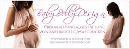 Schwangere Frau mit Schleier, Text: BabyBellyDesign, Überarbeitung von Babybauch-Gipsabdrücken.