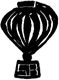 Schwarz-weiße Zeichnung eines Heißluftballons mit geometrischen Linien und einfachem Stil.