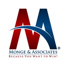 Red and blue "M" logo of Monge & Associates with slogan "Because You Want to Win!"
