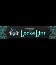 Logo des Friseursalons "Locke Line" mit Scherenmotiv und ornamentalen Verzierungen.