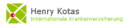 Henry Kotas Logo mit grünem Muster und rotem Punkt, Text: "Internationale Krankenversicherung".