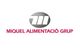 Logo de Miquel Alimentació Grup, con texto rojo y un símbolo gris circular encima.