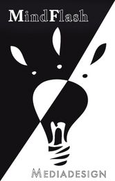 Schwarz-weißes Glühlampensymbol mit Text "MindFlash Mediadesign" oben und unten im Bild.