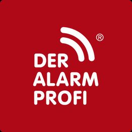 Rotes Logo mit Schrift "Der Alarm Profi" und drei gebogene Linien darüber.