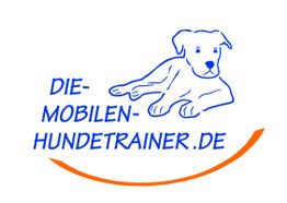 Hundelogo mit Schriftzug: "Die-Mobilen-Hundetrainer.de" und orangener Linie darunter.