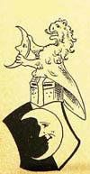 Wappen mit Löwe auf Helm, hält Halbmond. Unten Mondgesicht im Schild, schwarz-weiß gezeichnet.
