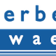 Blauw en wit logo met tekst 'Lauwaert' en Facebook-icoon, horizontale strepen onderaan.