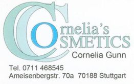 Visitenkarte von Cornelia's Cosmetics, Adresse und Telefonnummer aus Stuttgart.