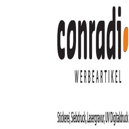 Logo von Conradi Werbeartikel mit Text: Stickerei, Siebdruck, Lasergravur, UV Digitaldruck.