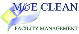 Logo von M&E Clean, Facility Management, mit abstrakten geometrischen Formen in Blau und Grün.