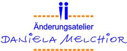 Logo des Änderungsateliers Daniela Melchior mit blauer Schrift und orangenen Linien.