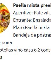 Paella mixta con menú: paté, ensalada, postres, y bebida. Imagen de paella en miniatura.
