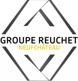 Logo du Groupe Reuchet Neufchâteau, hexagone noir et blanc, texte noir et jaune.