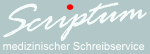 Logo: Scriptum medizinischer Schreibservice, blaue Schrift mit rotem Punkt auf grauem Hintergrund.