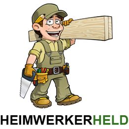 Cartoon-Handwerker mit Holzplanke und Säge, lächelt. Schrift: "HEIMWERKERHELD".