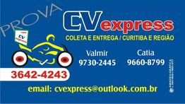 Cartão de visita da CV Express, serviços de coleta e entrega em Curitiba. Inclui contatos.