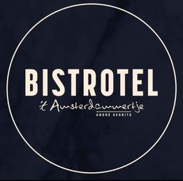 Logo van Bistrotel 't Amsterdammertje met donkerblauwe achtergrond en witte tekst.