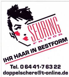 Grafik mit stilisiertem Frauenkopf, Text: "Seuring Friseör, Ihr Haar in Bestform", Kontaktinfos.