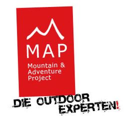 Rotes Logo mit "MAP Mountain & Adventure Project". Text: "DIE OUTDOOR EXPERTEN!" in Schwarz.