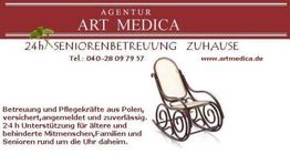 Agentur ART MEDICA Werbung mit Schaukelstuhl, bietet 24h-Seniorenbetreuung und Pflegekräfte aus Polen.