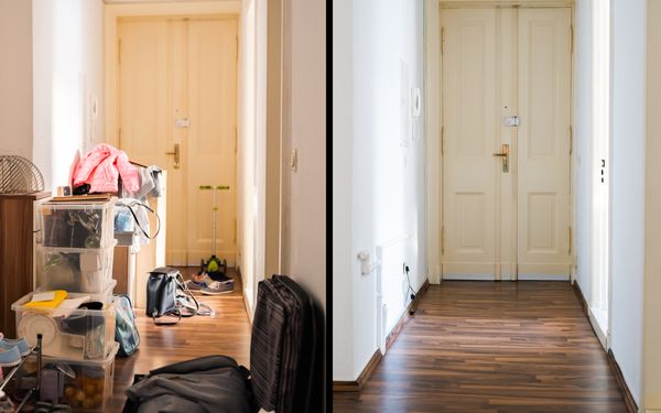 Es ist ein Vorher-Nachher-Vergleich: Links ist ein mit Gegenständen zugestellter Gang dargestellt. Rechts ist derselbe Gang, nun entrümpelt, abgebildet.