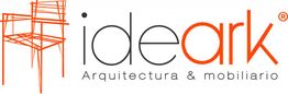 Logotipo de ideark con un diseño de silla en líneas rojas. Texto: Arquitectura & mobiliario.