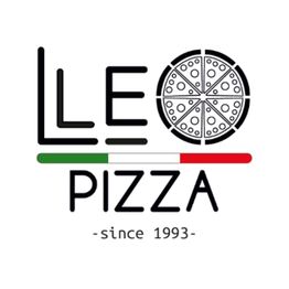 Logo von Leo Pizza, seit 1993, mit italienischer Flagge und Pizzascheibe als Design.